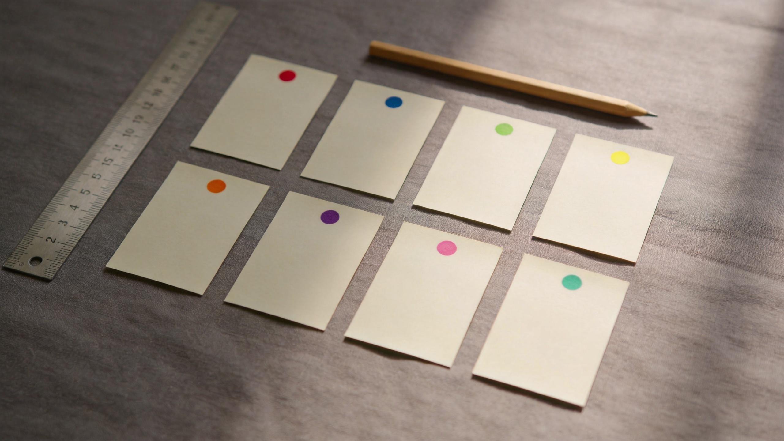 Eight blank sticky notes with colored dots arranged on a desk beside a ruler and pencil