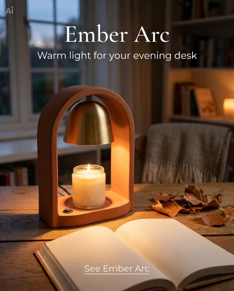 The Ember Arc candle warmer on an evening desk beside an open book.