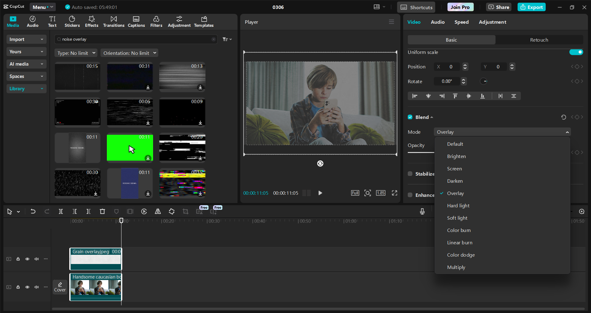 Interface of the CapCut desktop video editor - a quick way to add film noise overlays to videos