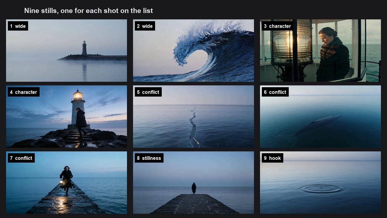 A grid of nine generated stills: a lighthouse across flat water, a breaking wave, a keeper inside the lamp room, the keeper stepping onto rocks, a crack across still water, a dark shape under the surface, the keeper running along a causeway, the keeper standing at the end of it, and a single ring of ripples.