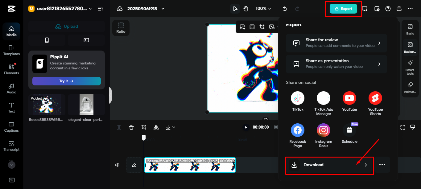 Exporting the GIF from the CapCut desktop video editor
