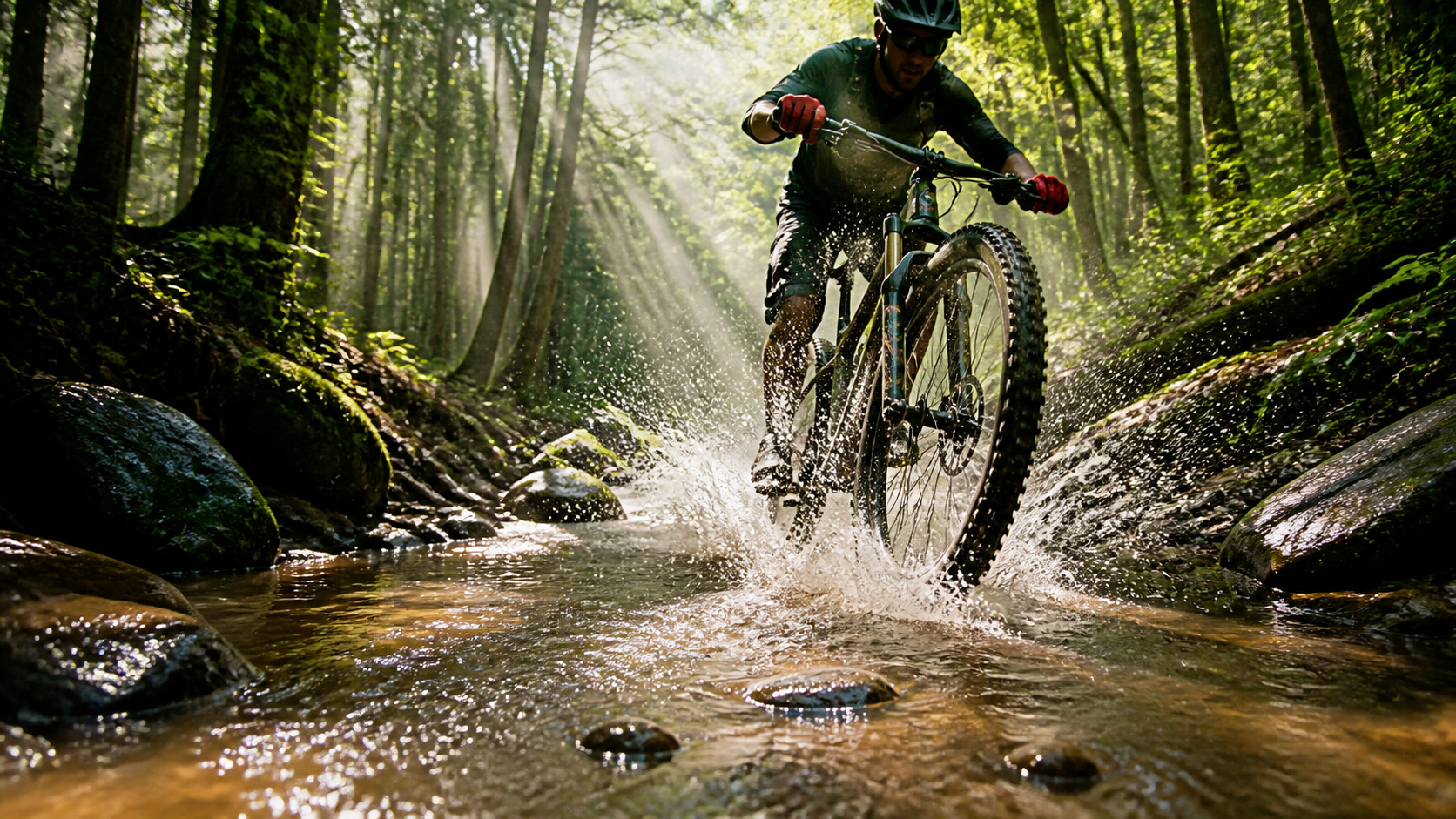 Forest-stream mountain-bike action