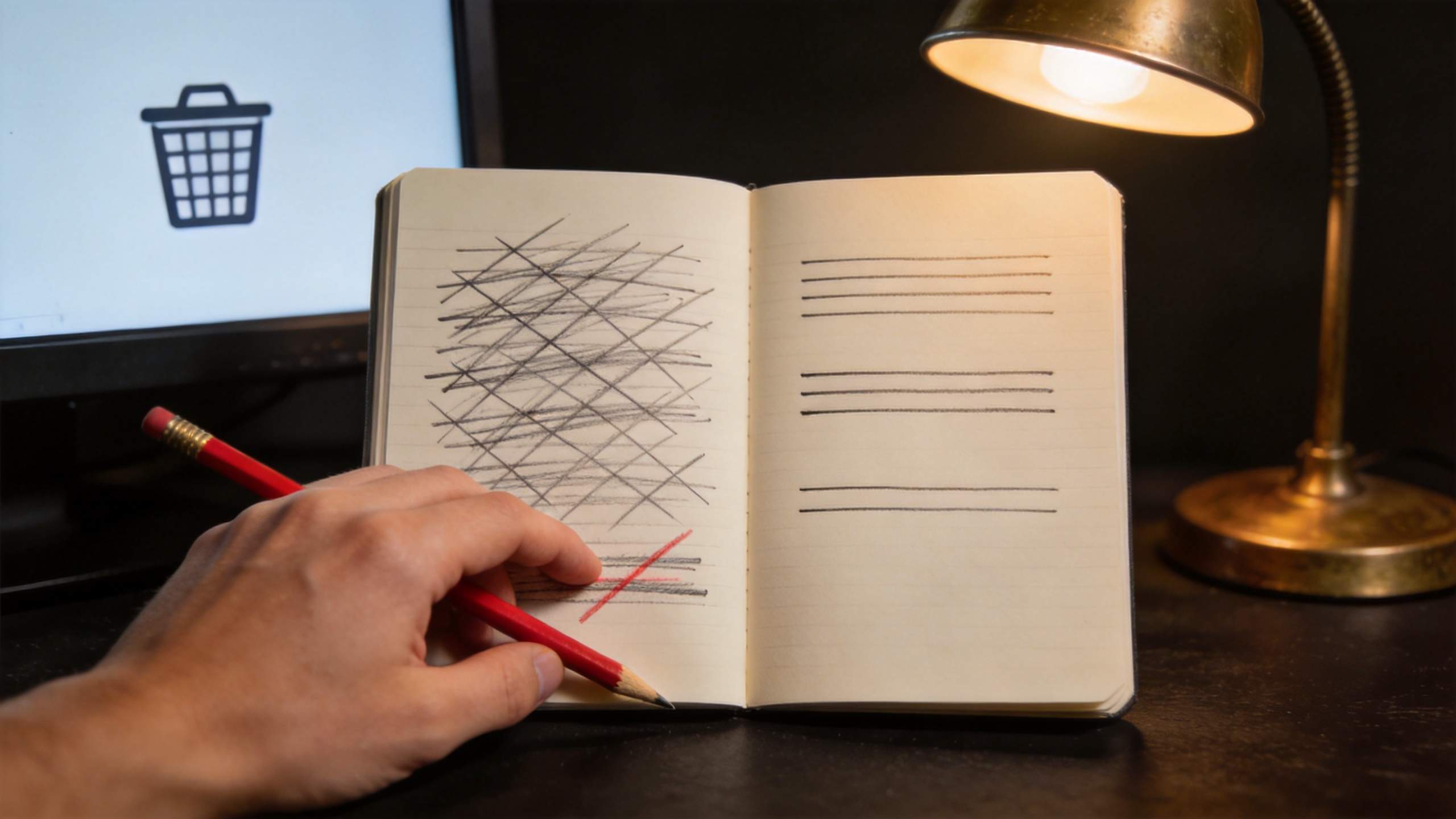 Hand crosses out notes in a notebook beside blank lines and a desk lamp