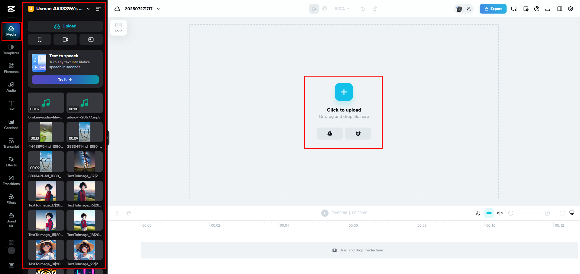 Tải lên các tệp âm thanh lên CapCut Web
