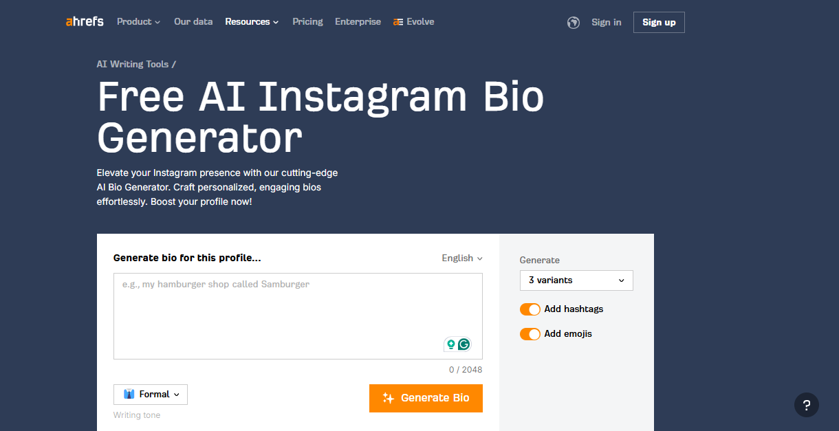 Interface of the Ahrefs Instagram bio generator