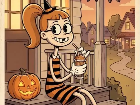 Smiling girl in a striped Halloween dress sits on porch steps with a candy bucket, pumpkins  and bats overhead.