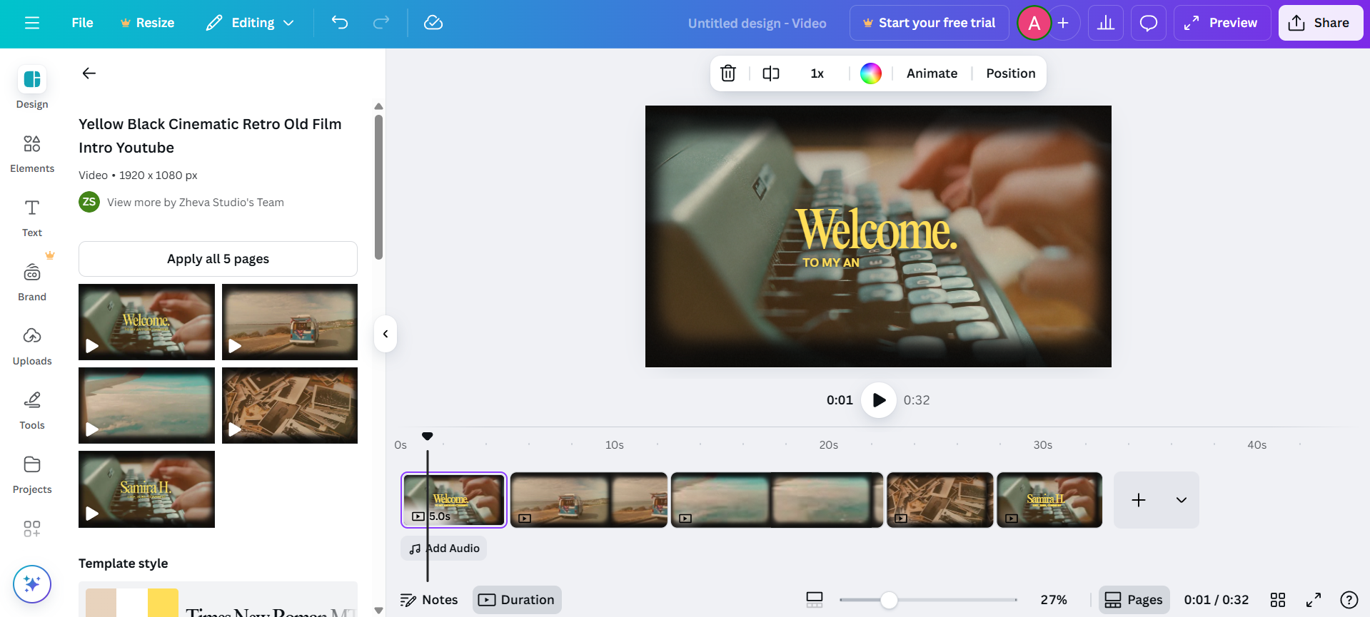 Canva mutiframe video template interface
