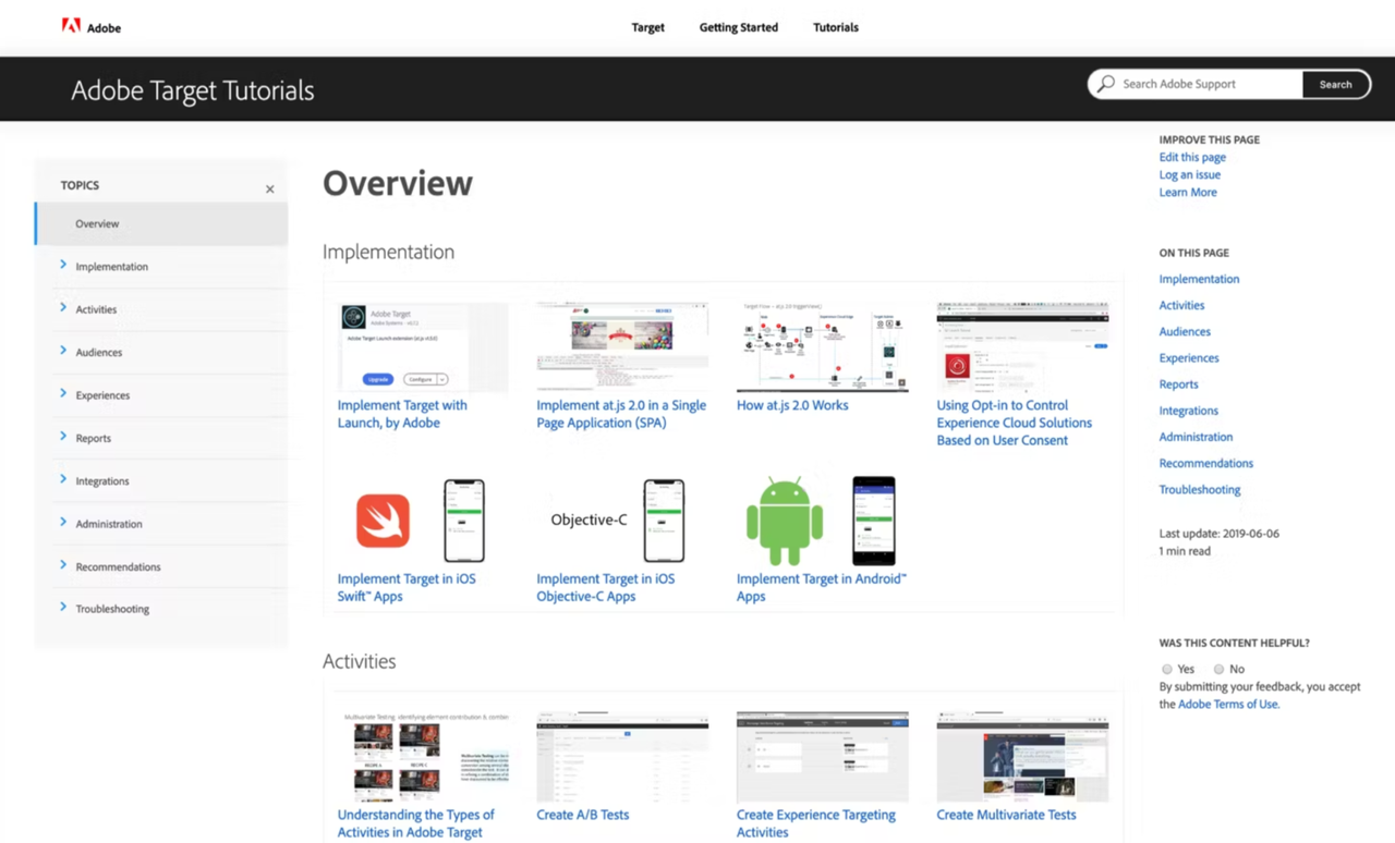 L'interface d'Adobe Target