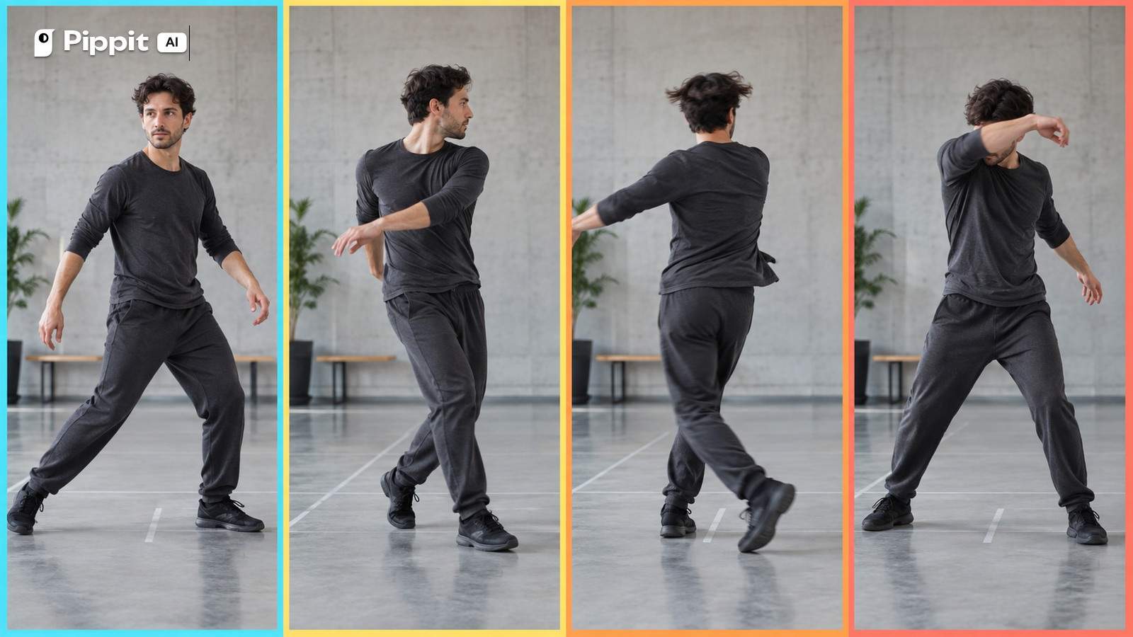 Four panels show the same adult dancer moving through progressively harder face angles and occlusion.