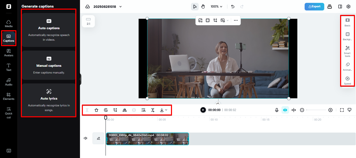 Edição e exportação de vídeo no Pippit