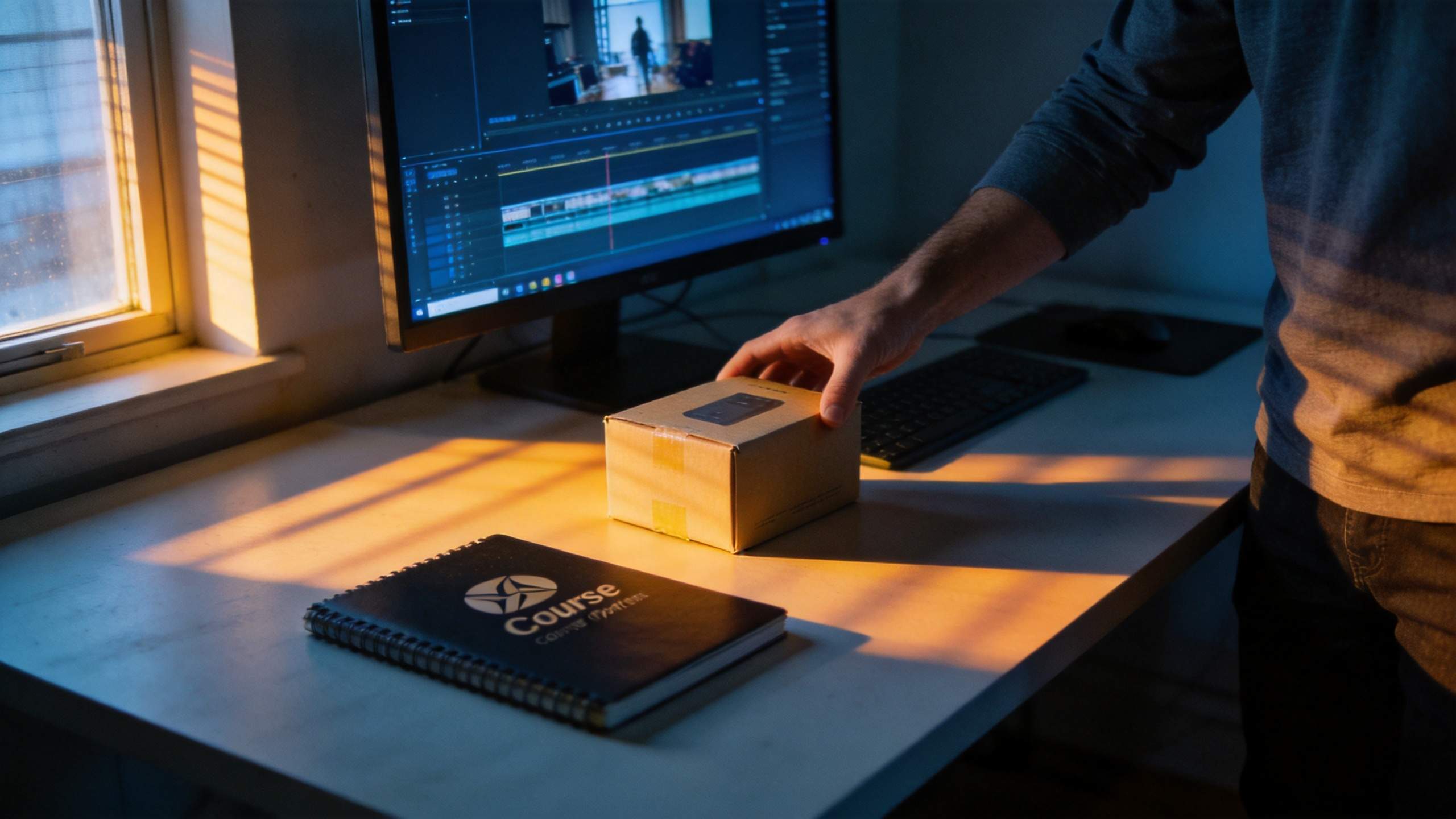 Person placing a small cardboard box on a desk beside a video editing monitor