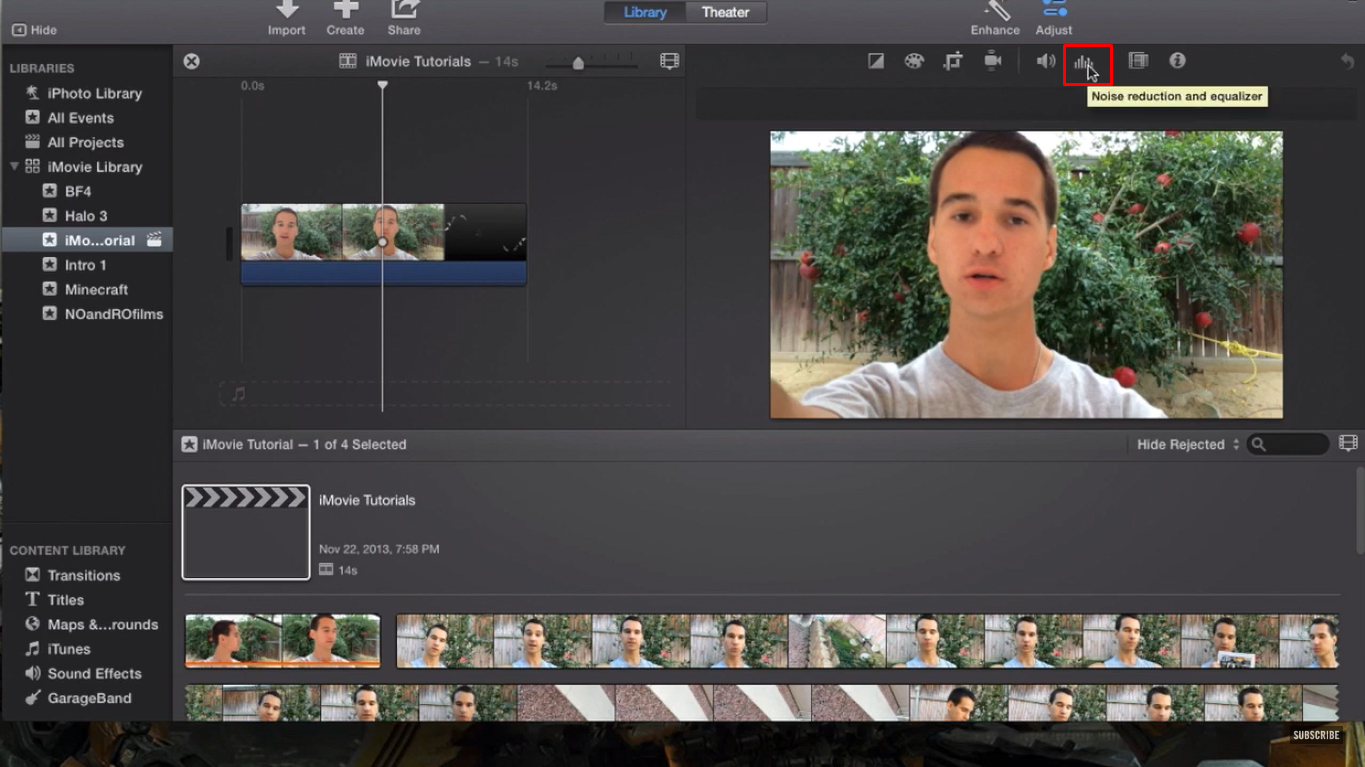 Accessing the equalizer controls in iMovie