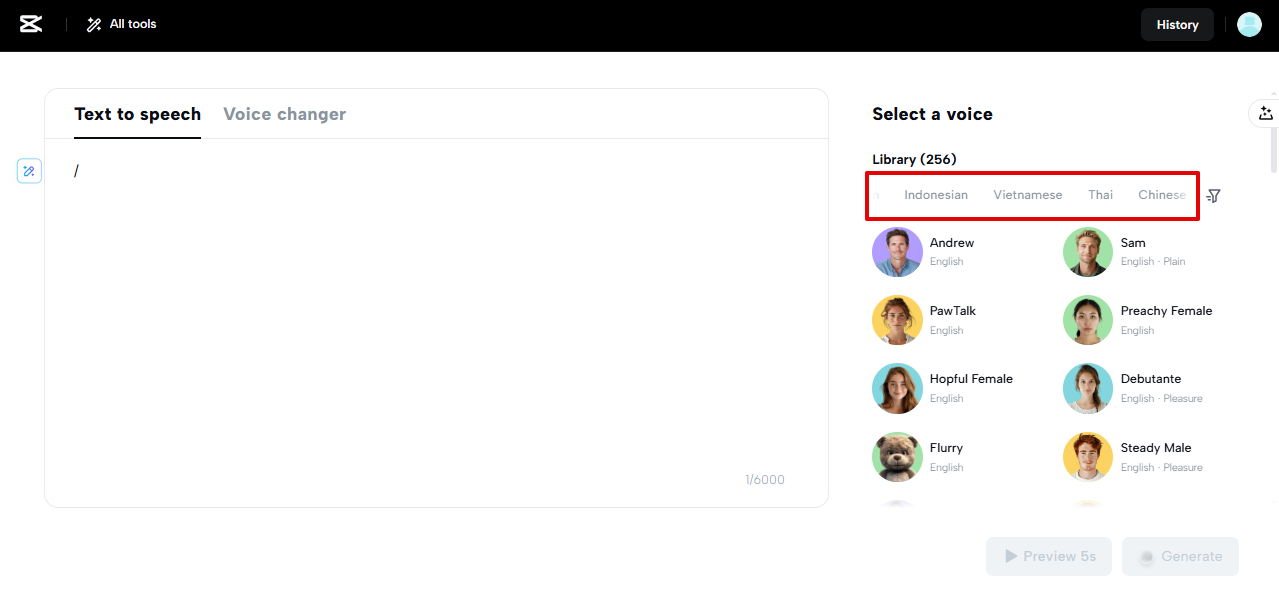 Atores de voz multilíngues da ferramenta de texto para fala do CapCut Web