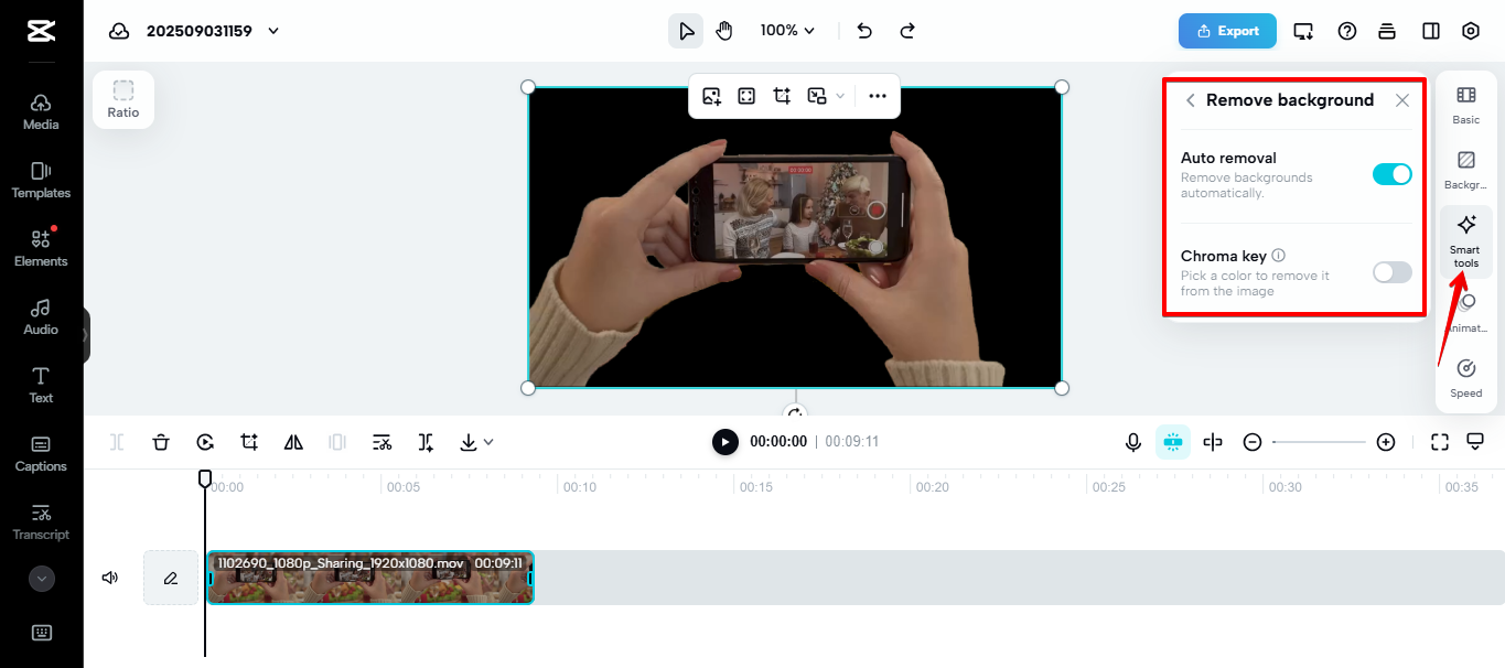 Removing video background in CapCut Web
