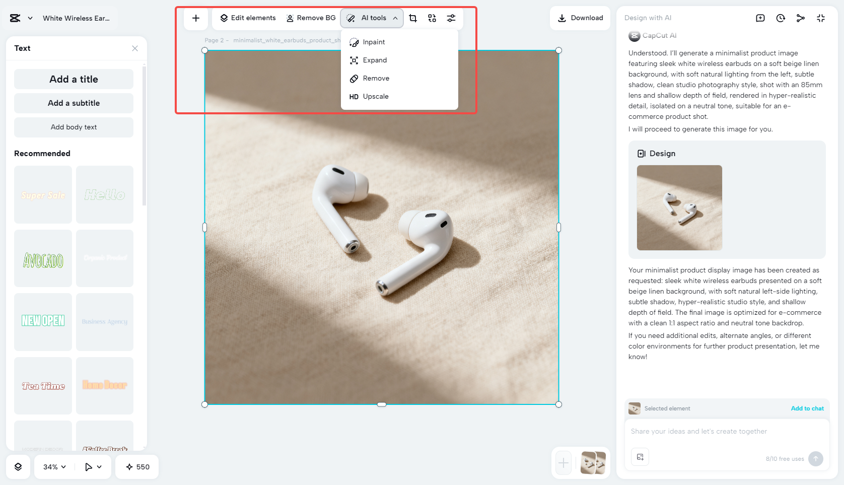 Editing the product display photo in CapCut