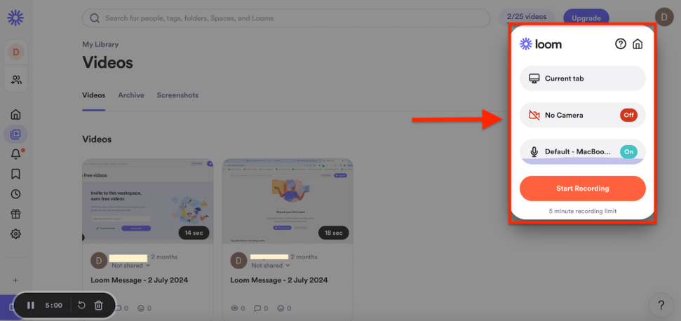 Interface of Loom - egy másik módja annak, hogy rögzítse a YouTube-videót PC-n