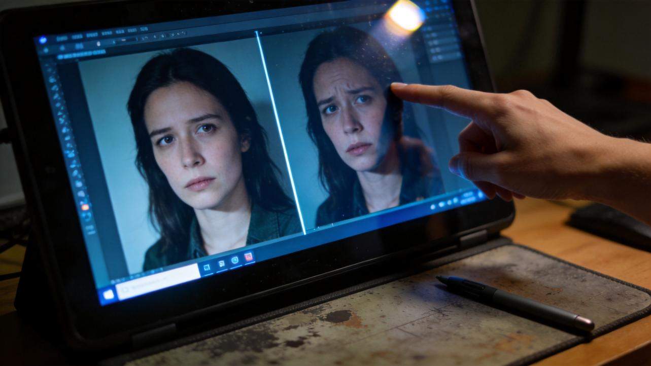 Person comparing two portrait versions on a tablet editing screen