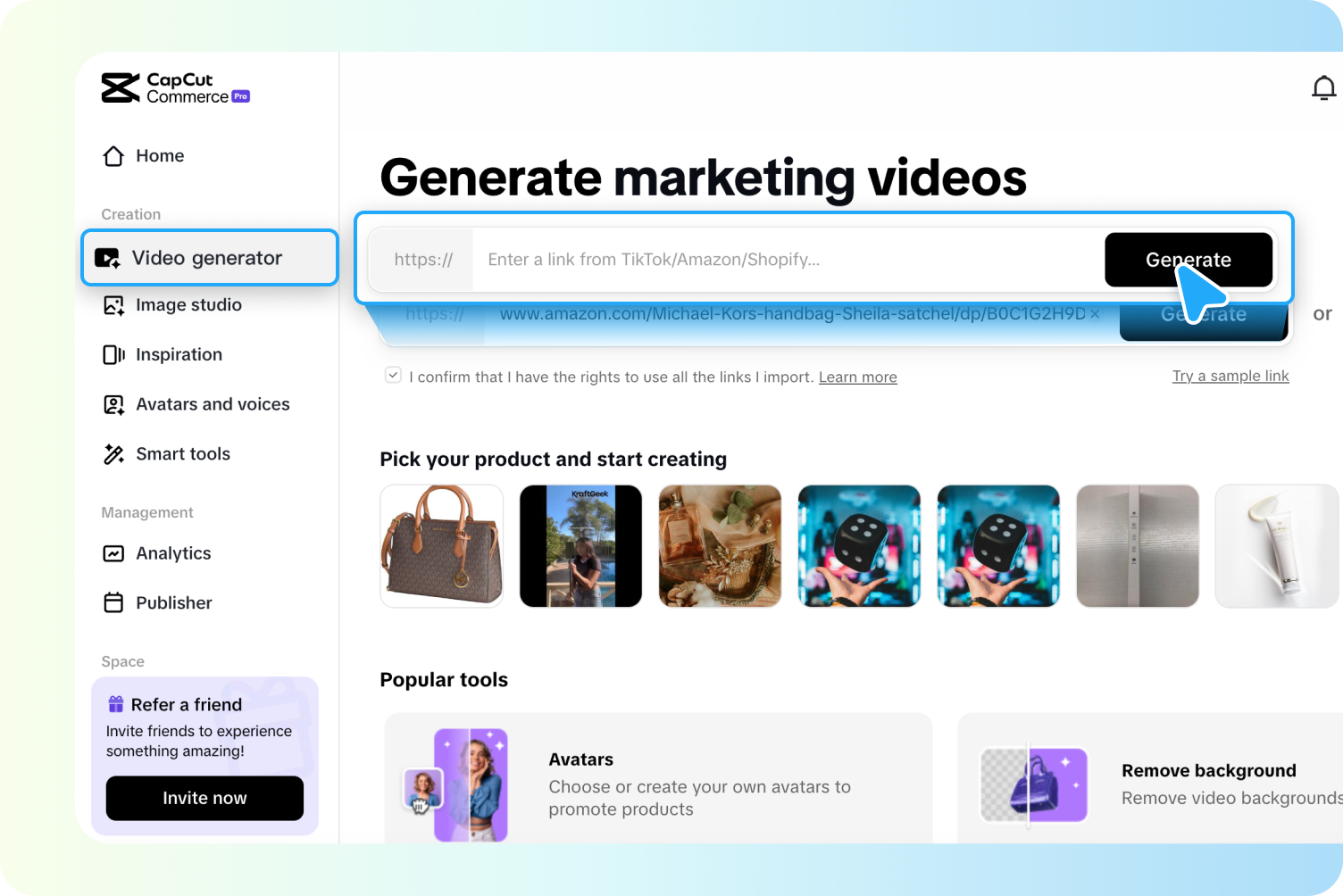 Open CapCut and select the video generator