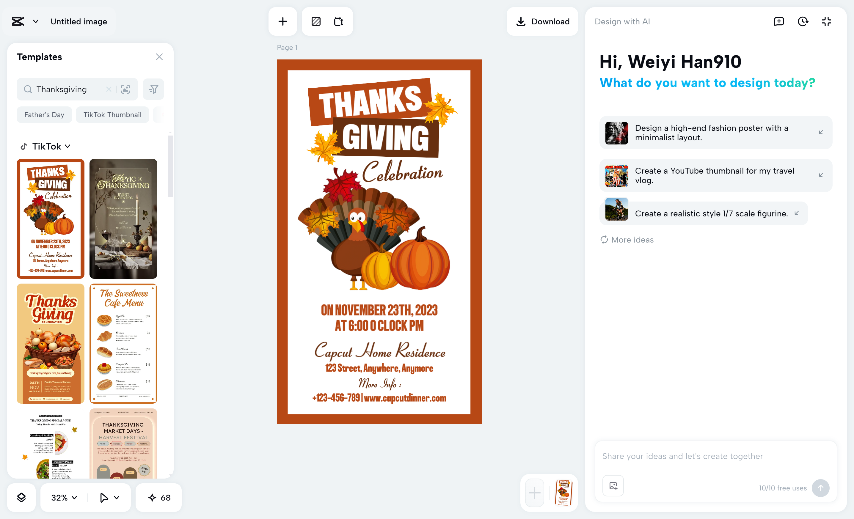 Access the AI design feature of CapCut to customize free happy Thanksgiving card templates