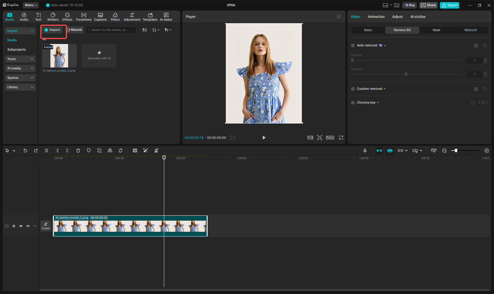 Import the original image to CapCut