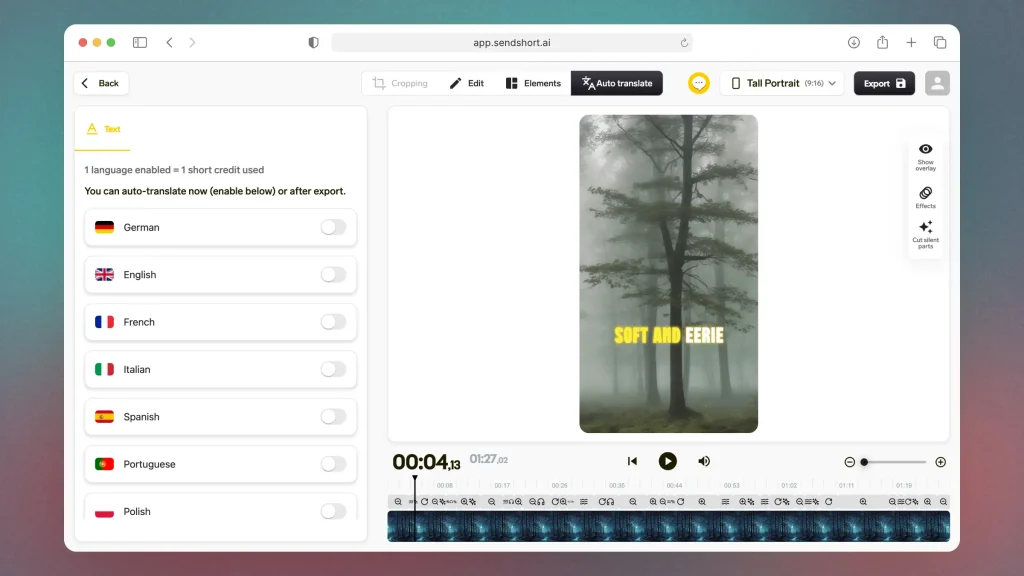 Schnittstelle von SendShort - eine nützliche Plattform für die Erstellung gesichtsloser KI-Videos