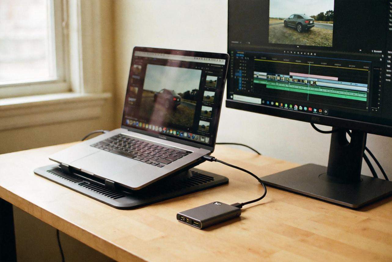 Laptop and external monitor showing video editing timeline on a desk