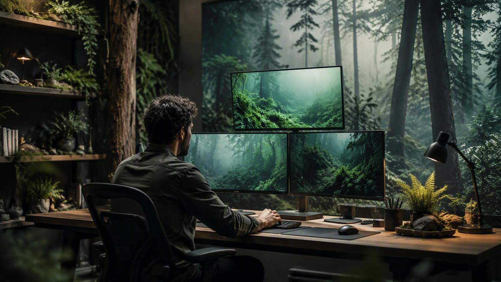16: 9 film kreativ skog tema video visuellt för Dreamina, scen 1.