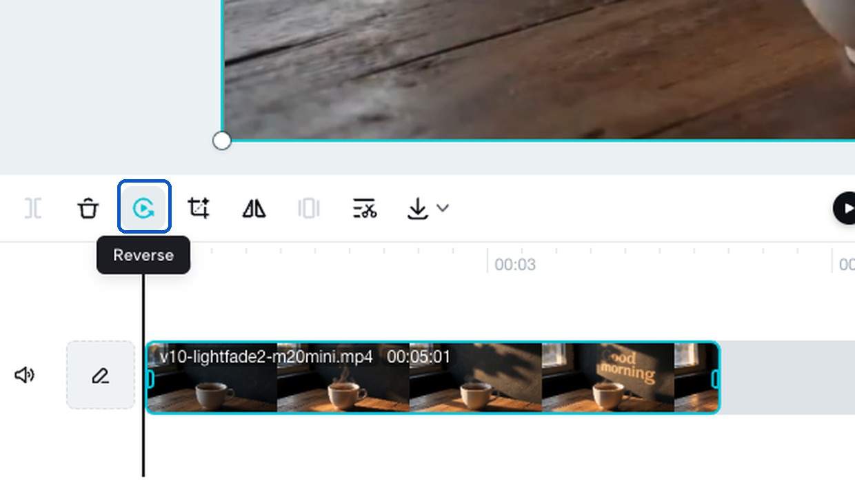 CapCut editor timeline toolbar with the Reverse button highlighted and its tooltip showing, above a clip on the timeline.