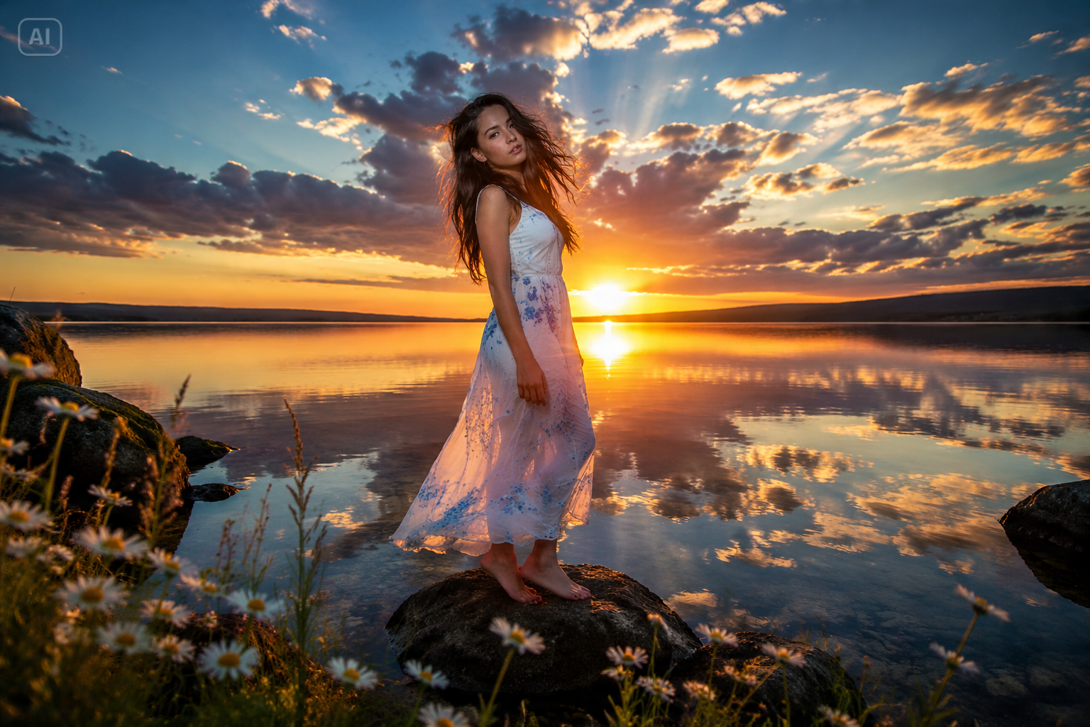 Retrato de Reflexión junto al Lago al Atardecer de Ensueño