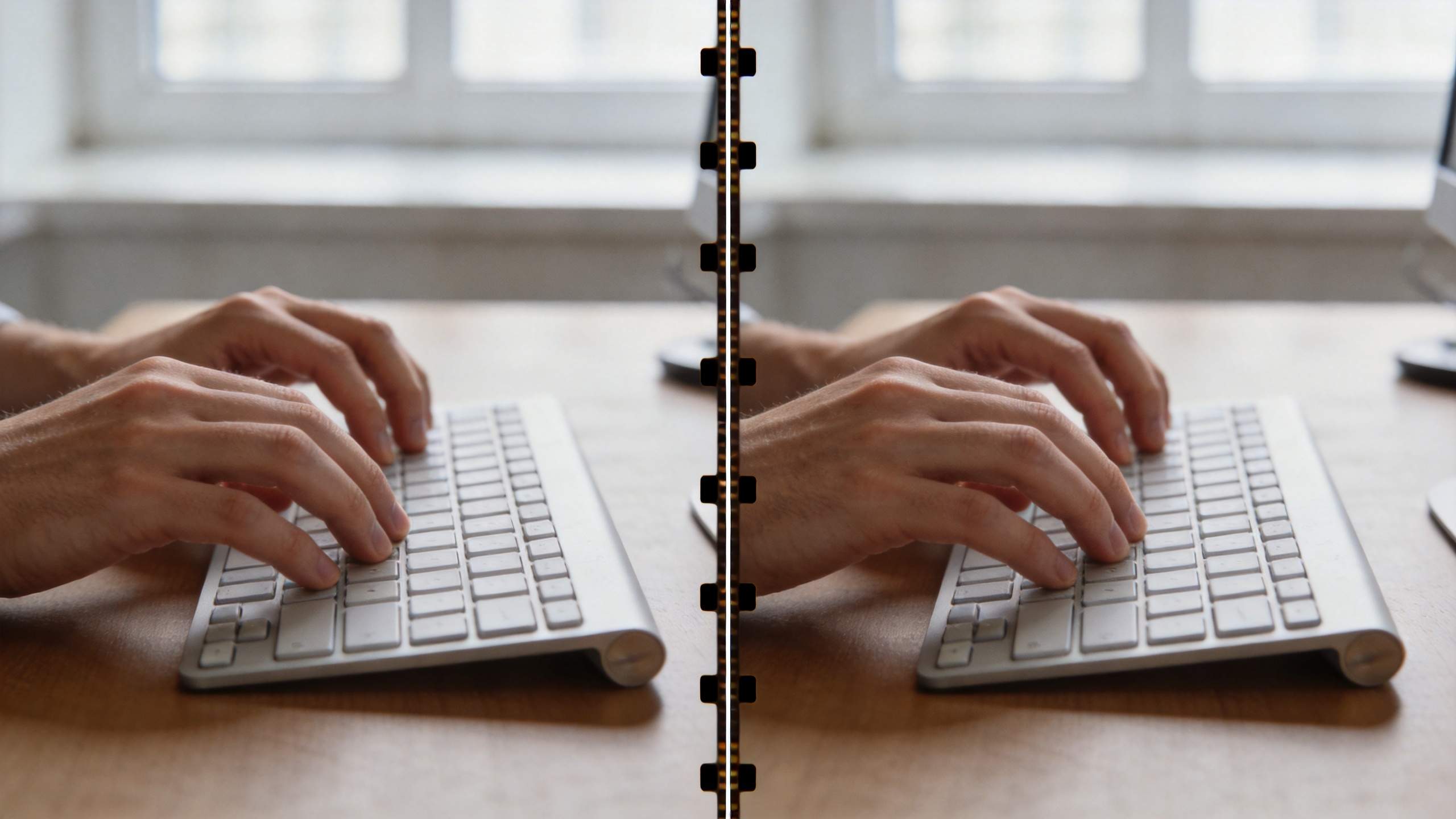 Split-screen hands typing on a keyboard at a desk