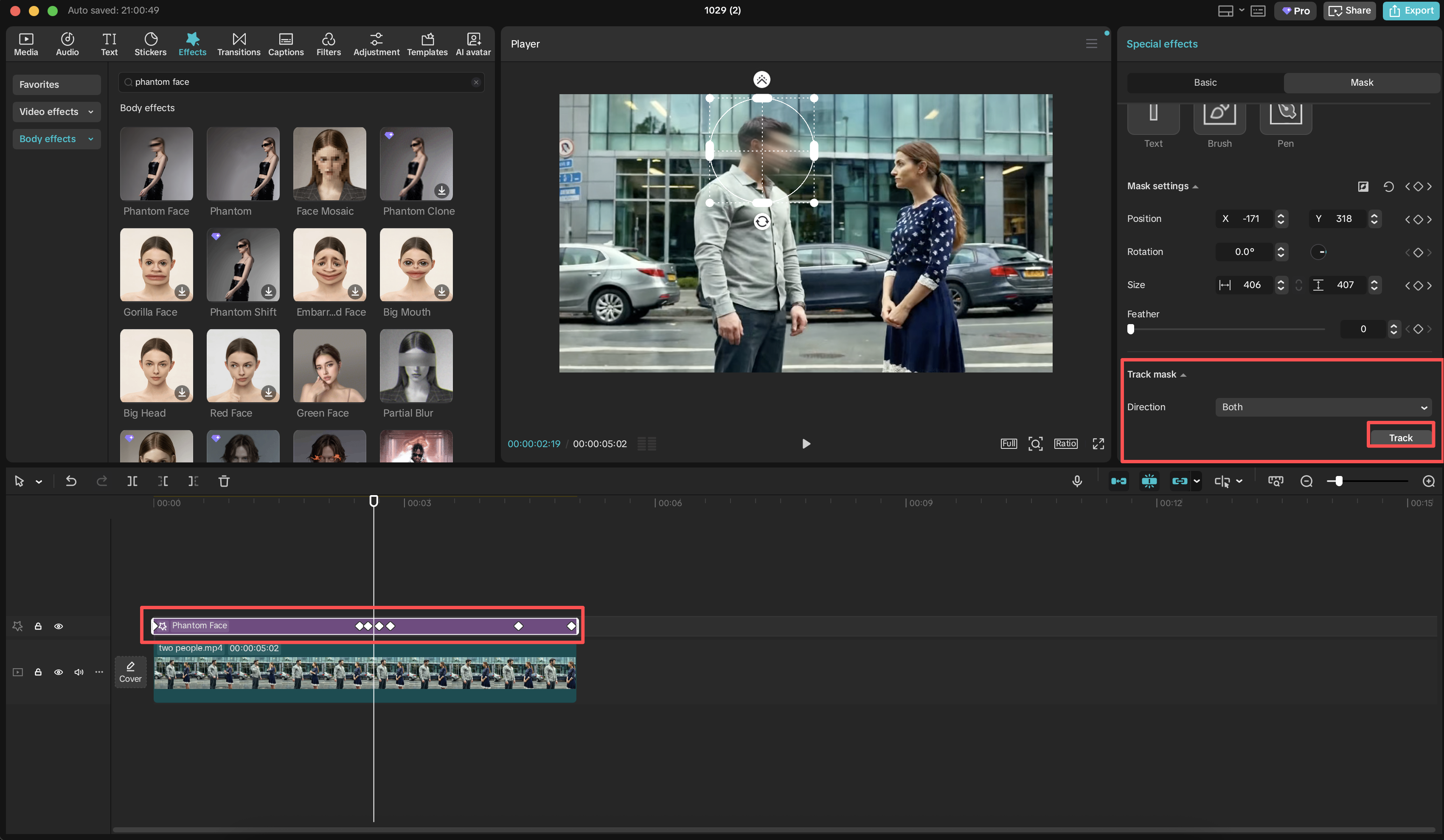 animate the mask to track the face