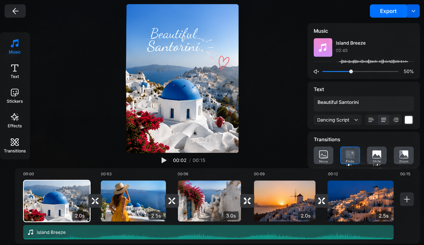 Add music, text, or transitions