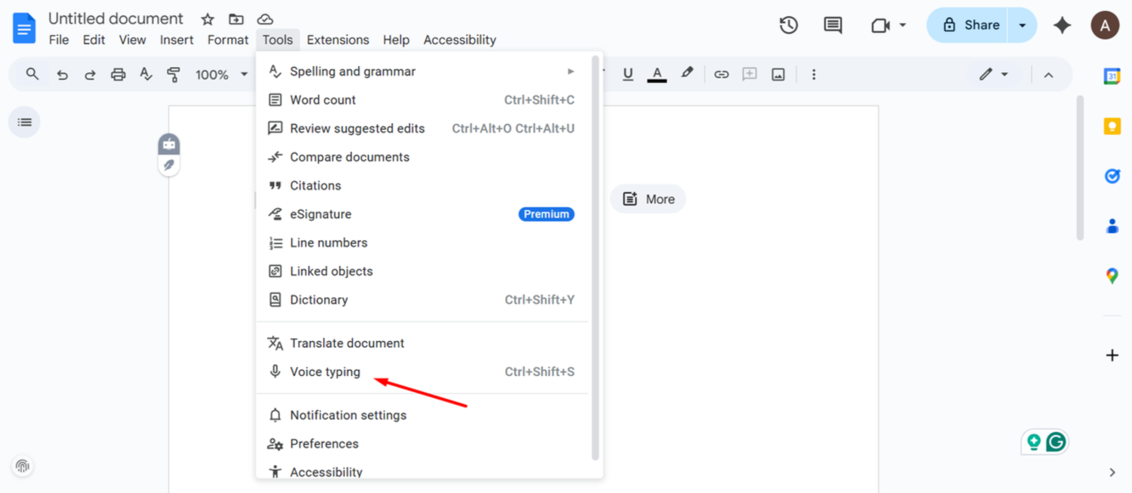 Die Benutzeroberfläche des Sprachtypings in Google Docs – eine benutzerfreundliche Möglichkeit, per Spracheingabe zu tippen.