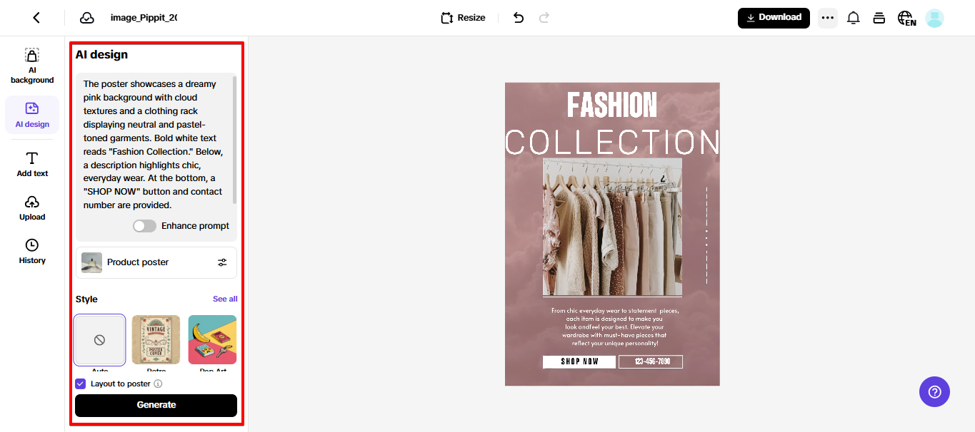 Tool sa disenyo ng Pippit AI