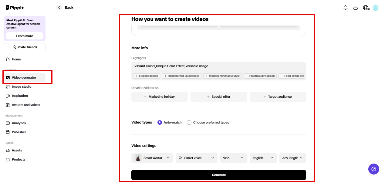 Customizing video settings in Pippit