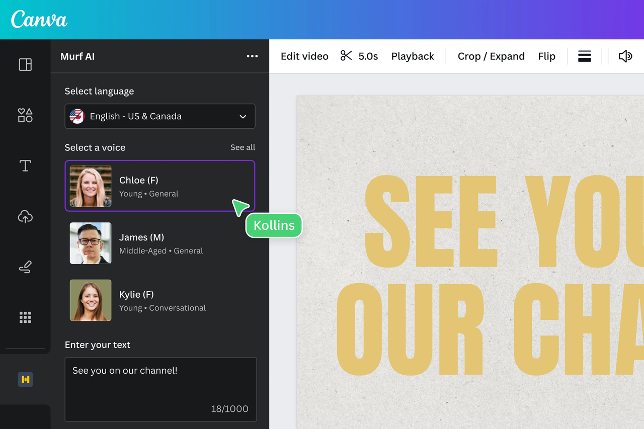 Generazione audio con Canva - noto generatore di voci AI gratuito.