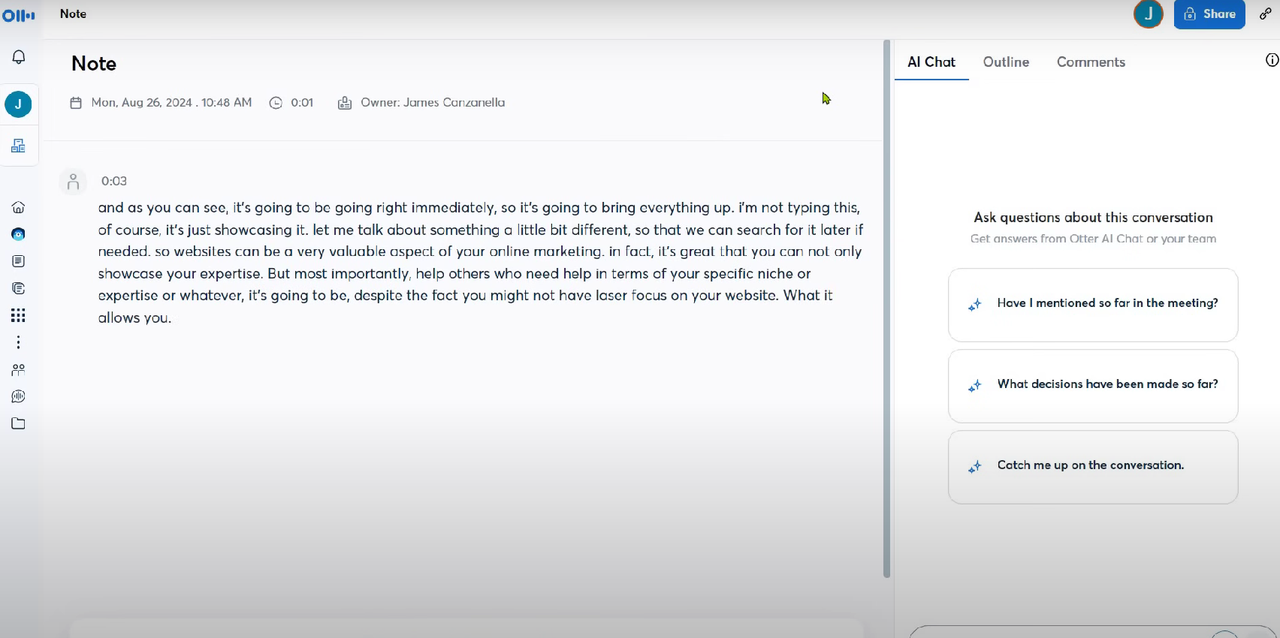 Interface de transcrição Otter.ai
