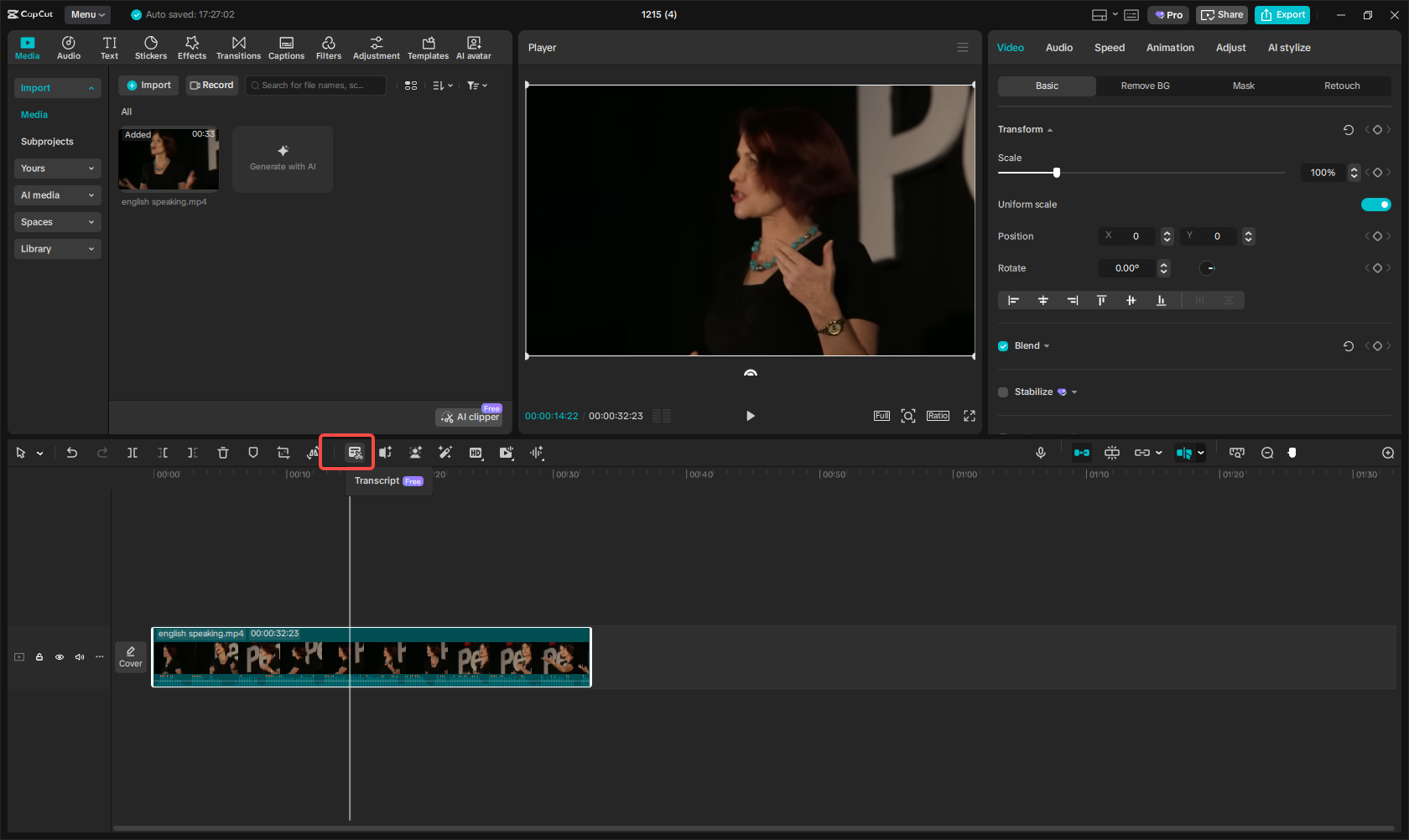 Open the transcript view to detect filler words