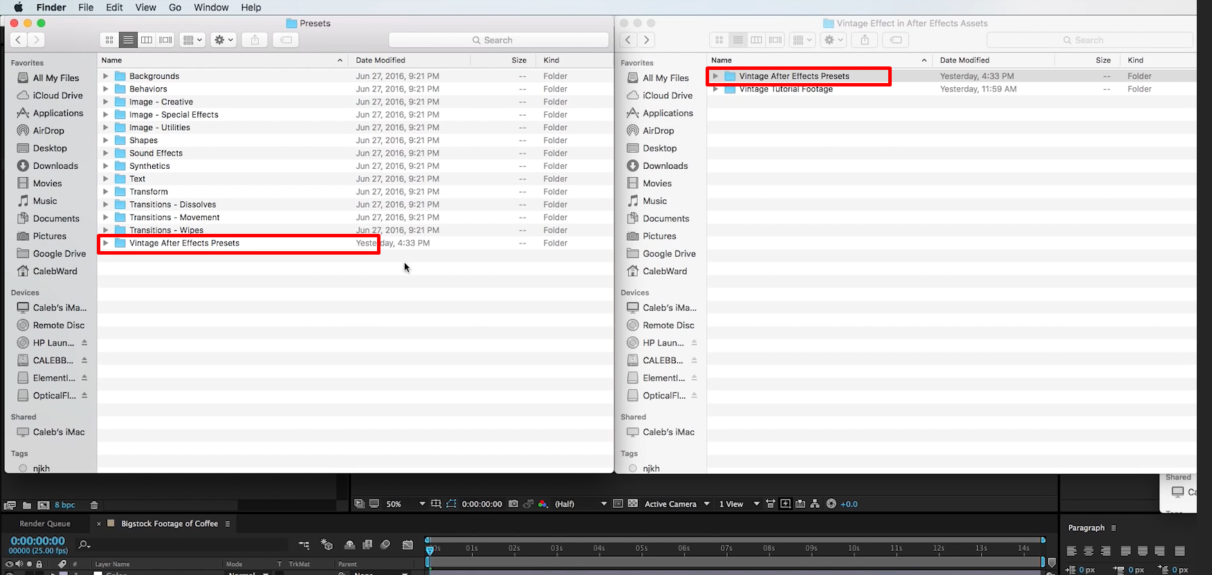 Importing the presets to create a vintage effect in After Effects
