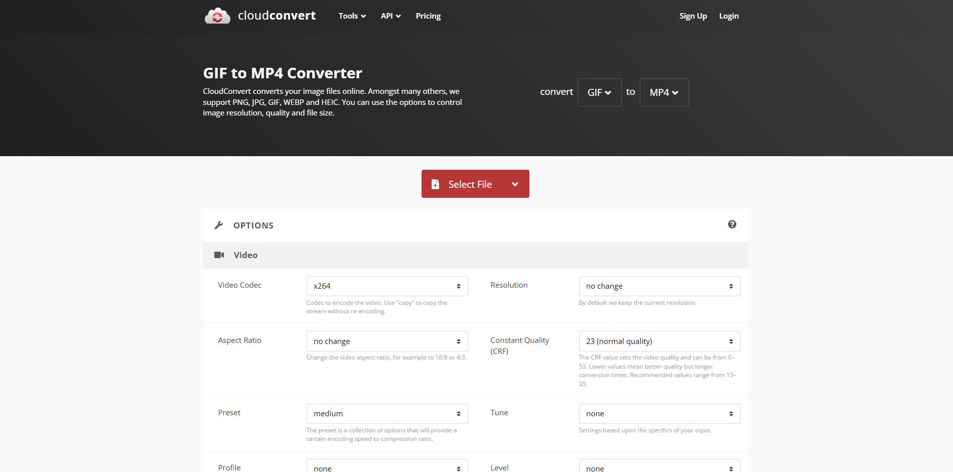 Interface of CloudConvert - an easy to use GIF to video maker