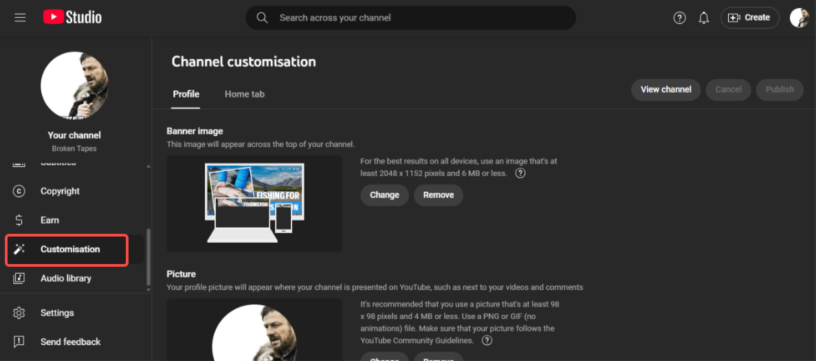 YouTube Customization interface