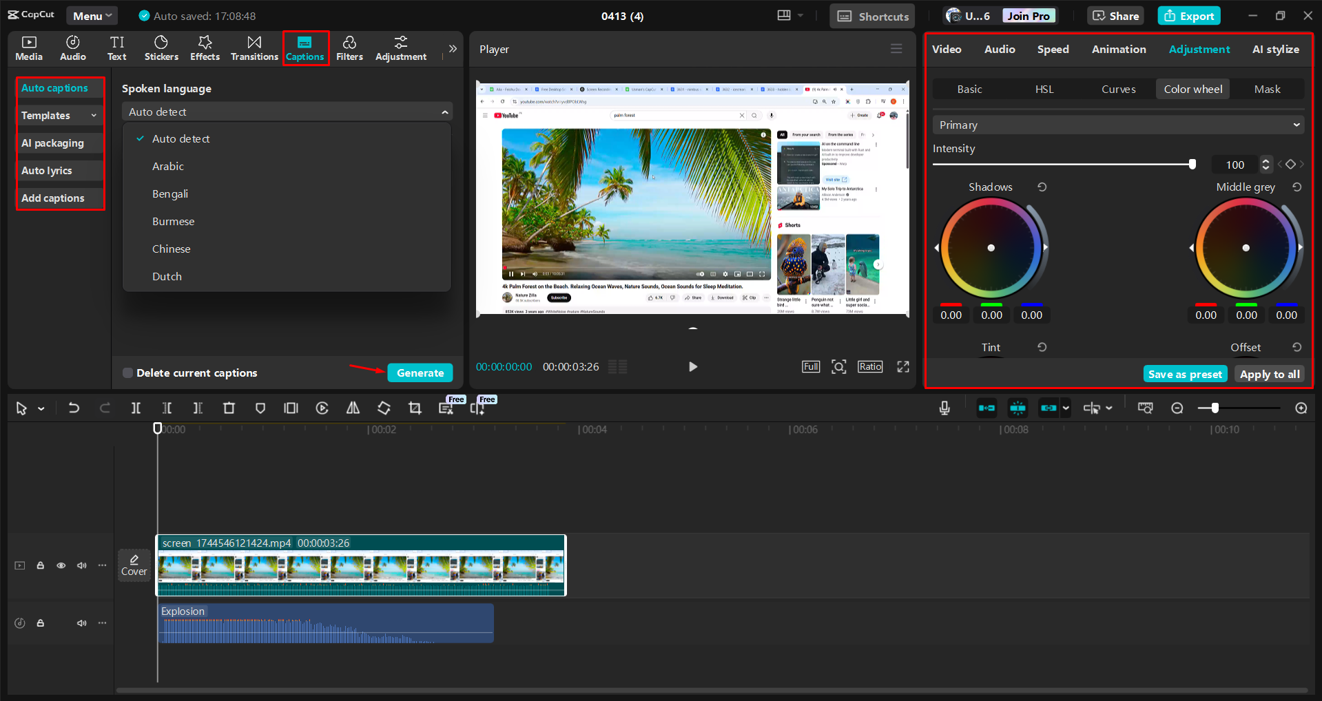 Menambah kapsyen dan mengedit rakaman skrin dalam editor video desktop CapCut