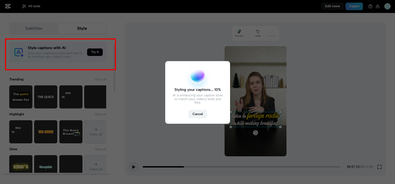 CapCut Web style captions with AI