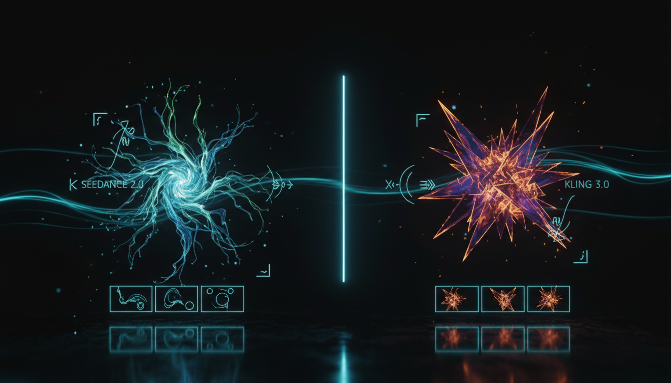 Cinematic split-screen abstract comparison for Seedance 2.0 vs Kling 3.0 with cyan accents and storyboard motifs.