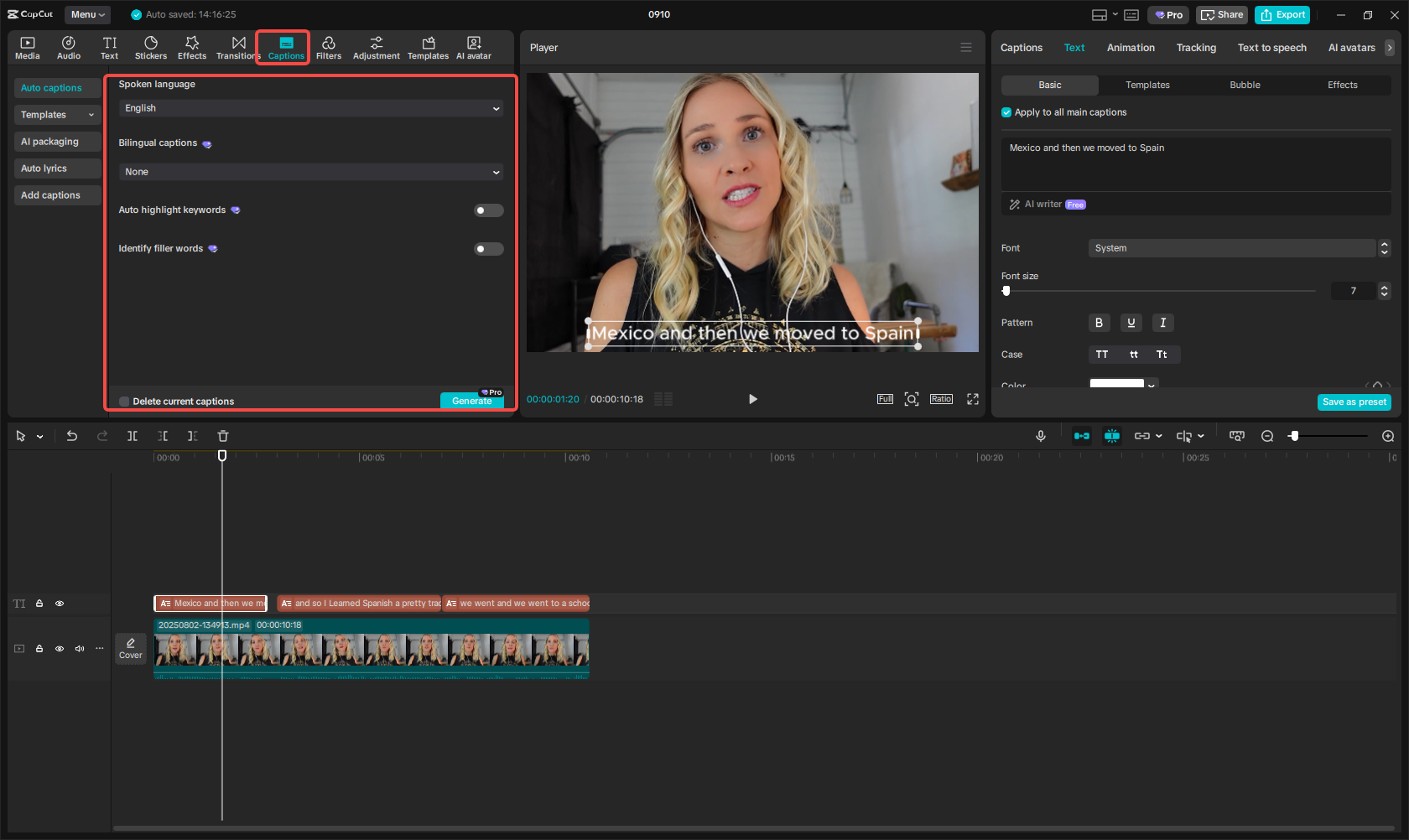 Generating captions for the video in CapCut