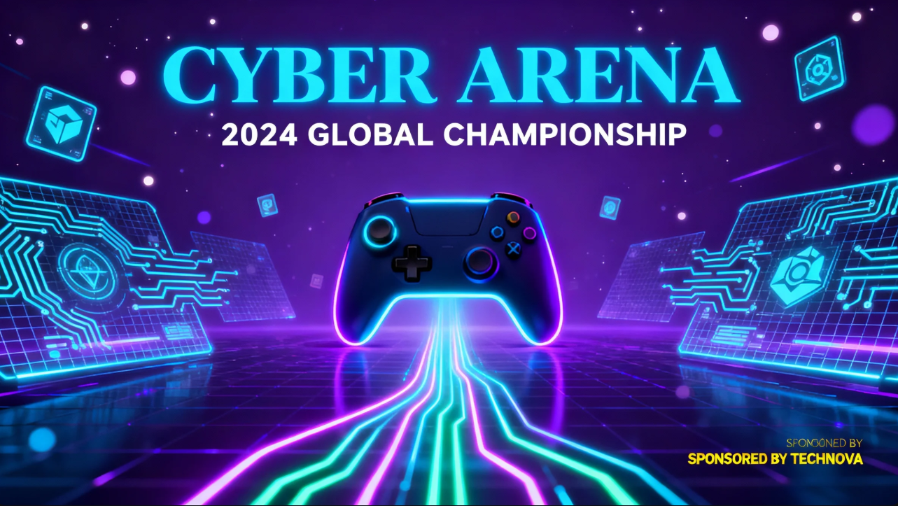 Banner de juegos con temática cibernética futurista con patrones tecnológicos