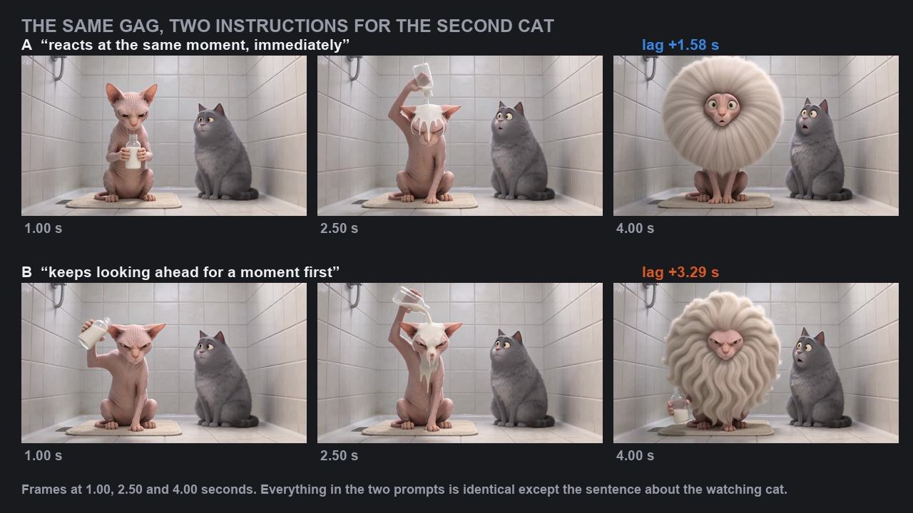 Two rows of three frames each at one, two and a half and four seconds, showing the mane erupting and the gray cat's reaction arriving at different times in the two versions.