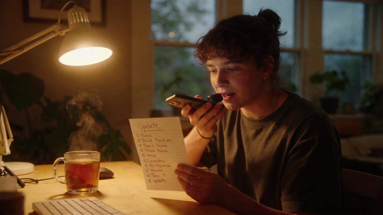 Person speaking into a phone while reading a handwritten update list at a desk