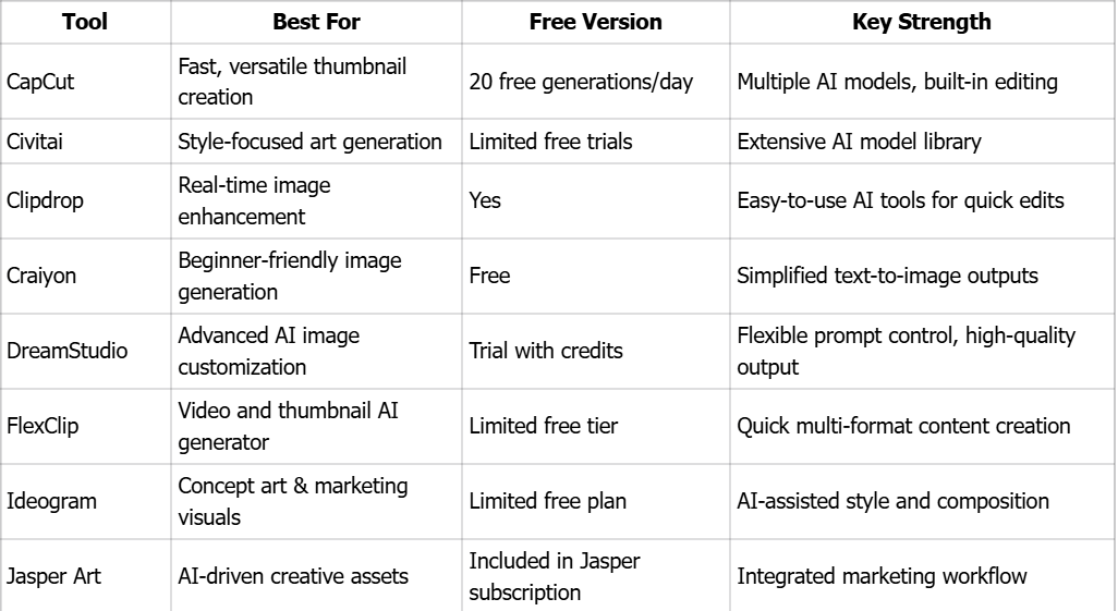 AI Text-to-Image Tools Comparison Table