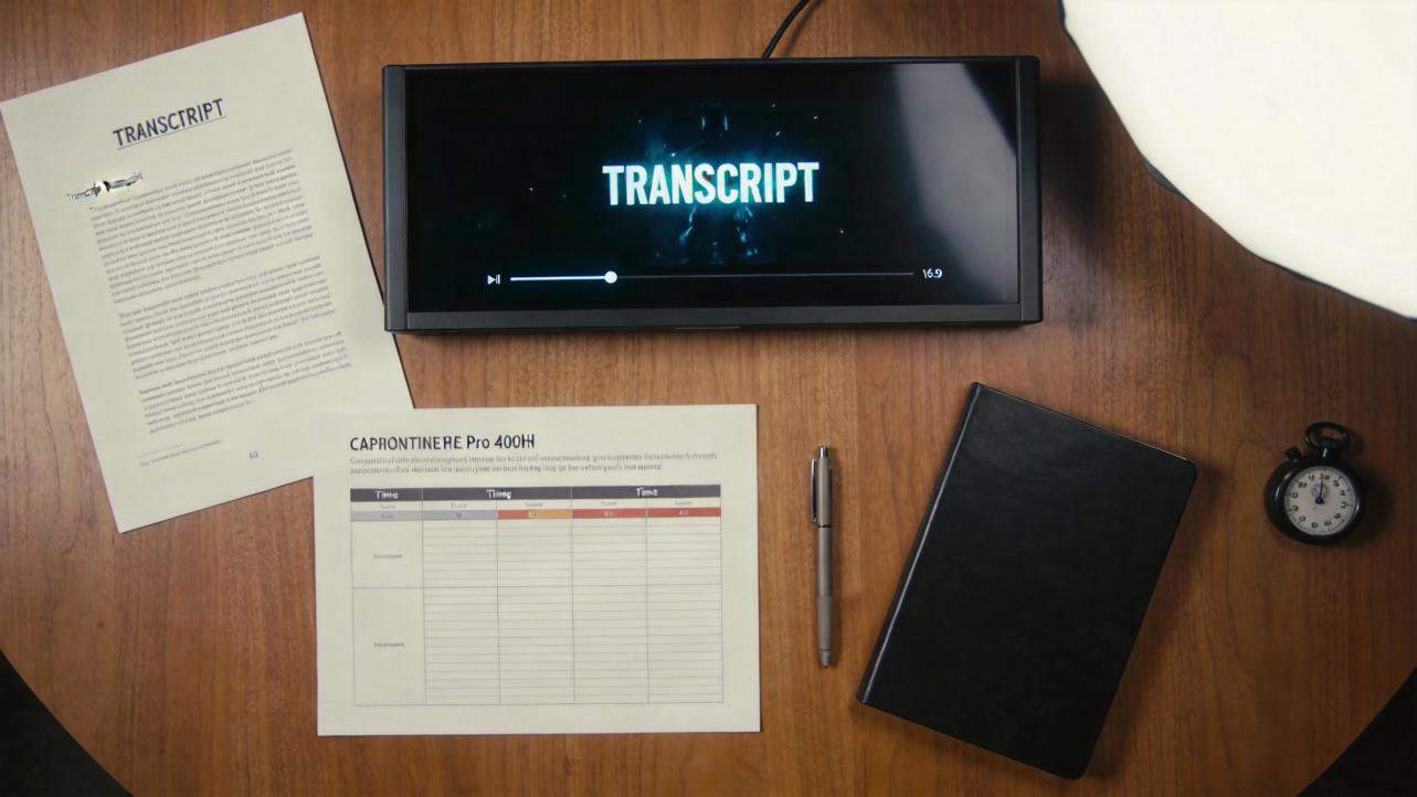 Desk flat lay with transcript papers, a video monitor reading TRANSCRIPT, notebook, pen, and stopwatch
